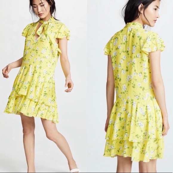 NWT ALICE + OLIVIA 8 Moore Yellow Floral Ruffle Neck Tie Dress - Picture 2 of 5